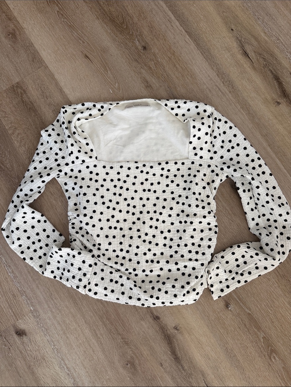 LOFT White Long-Sleeve Top with Black Polka Dots